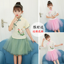 Kiddie Girl Gutsuit Handmade Chinese Wind Baby Xia dress suit skirt Children Two sets Down with short sleeve cotton linen
