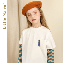 LittleNaive little naive girl stitching long sleeve T-shirt children autumn new base shirt fake two blouse