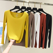 Spring and autumn Korean version of thread cotton female long sleeve T-shirt with heart cut and undershirt elastic no-mark pure color blouse