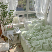 Healing Matcha Plaid Girl Heart Cotton Water Wash Cotton Four-piece Cotton quilt cover Sheet Bed 1 5 1 8m