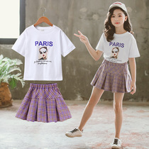 Plaid girls  suit Childrens Foreign Qi Zi two-piece set new baby Korean version of summer summer fashion short-sleeved