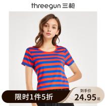 0 Lee clearance]Three gun T-shirt women loose stretch stripe round neck breathable bottom wear womens short-sleeved undershirt