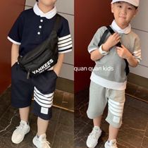 South Korean children trendy pure cotton turtlenecks polo shirt Summer Four bars Striped Shorts Male and female 100 hitch sports suit