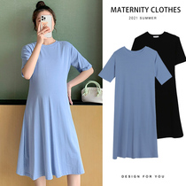 Pregnancy Woman Dress Summer Clothing Fashion Little Fresh Pure Color Short Sleeve Dress Mid Dress Mid Dress Summer Korean Version Pregnant Woman Skirt Summer