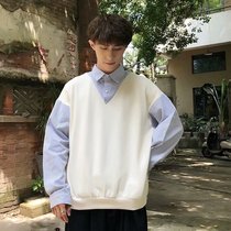 Spring and autumn fake two sweater men Korean fashion knitwear loose casual shirt collar base shirt student top