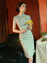Green Qipao 2021 New Summer Improved Edition Teenage Girl Youthful Fresh Retro China Wind Printing Short
