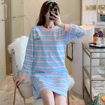 Night dress womens spring and autumn long-sleeved cotton striped thin womens pajamas cute student medium-long spring and summer home clothes