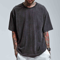 European and American High Street men wash old snowflake retro loose solid color round neck short sleeve T-shirt bottom half sleeve five-point T-shirt