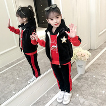 Girls Golden Velvet Set Autumn and Winter New Korean version of foreign-style childrens girls plus velvet padded three-piece set