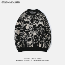 Spring and autumn new mens black knitwear loose round neck pullover trend thickened warm print sweater coat