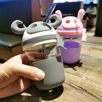 Water cup with straw Simple and fresh forest glass Adult cute girl portable cup creative personality trend