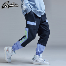 Guuka contrast color stitching Wei pants mens fashion brand teen hip-hop printing black sports drawstring drawstring pants loose