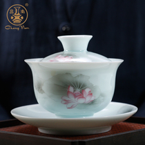 Changnan jade porcelain cover bowl Teacup Large handmade three-cai Teacup Jingdezhen Ceramic Kung Fu tea set Pastel tea maker