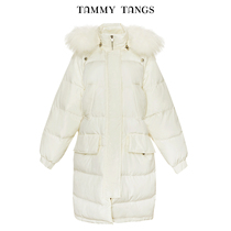 (Shopping mall with the same)sugar force winter new milky white medium-long hooded raccoon hair collar down jacket jacket female