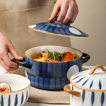 Home Small 2nd Style Ceramic Soup Bowl Single Home Dorm Room Large double ear soup basin with lid foam noodles Noodle Bowl Mesh Red