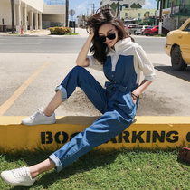 2019 spring new Korean version denim strap contrast color jumpsuit womens fashion jumpsuit