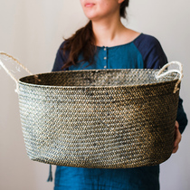 (Juhan)Large straw storage basket basket dirty clothes basket Natural hand-decorated clothes sundries bathroom basket