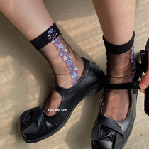 LET ME SEE summer thin flower glass stockings ins tide Japanese Crystal socks midline socks jacquard socks