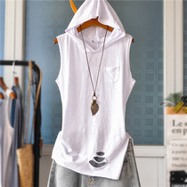 Loose thin solid color hooded bamboo cotton wear sleeveless T-shirt long Vest Women summer base shirt coat tide