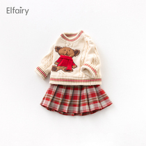 Elfairy Baby Plus Fluffy Coat Plaid Dress Two Sets Baby Knit Set Skirt Girl Net Red Suit Foreign Air