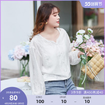 (clear cabin RMB100 ) Large-size womens dress Spring loaded with slightly chubby sister elegant and small V collar lace mid-length shirt