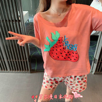 Japan Soft Honeys Strawberry Pyjamas Womens Summer Printed Pure Cotton Short Sleeve Shorts Home Suit Suit