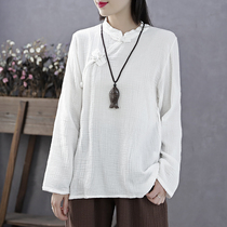 Han Suoyi retro art autumn disc buckle cotton linen long sleeve T-shirt new women's round neck large size loose bottoming shirt