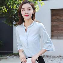 Shirt womens short sleeve seven-point sleeve summer New loose middle sleeve light blue striped set slim commute