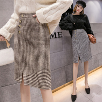 Thousand birds grid hairy skirt womens autumn and winter New retro split grid bag arm skirt long high waist one step skirt