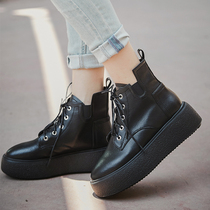 Thick-soled casual boots female Joker spring and autumn leather lace-up Martin boots British style pine cake bottom round head high heel single boots