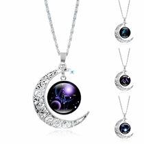 12 Constellation Glass Cabochon Pendant Necklace Crescent