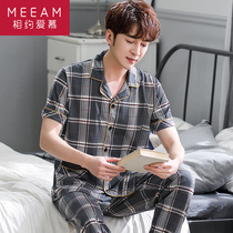 Summer mens pajamas short-sleeved trousers pure cotton thin plaid summer can go out casual home clothes two-piece suit