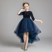 Princess dress Girls birthday high-end little flower girl dress Children host piano performance suit Long sleeve blue spring and autumn