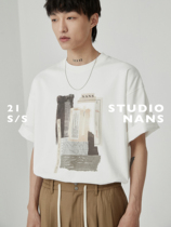 (NANS) long suede cotton jade quite double-sided mercerizing themed retro cut collage (pen brush) painted printed profile TEE