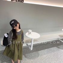  Summer baby Korean childrens clothing Mens and womens round neck striped long-sleeved t-shirt Autumn new childrens Japanese puffy strap skirt