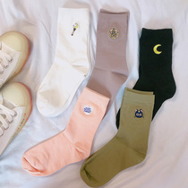 Korean ins tide autumn and winter embroidery cute mid-tube socks Womens socks Japanese sweet pile socks Wild solid color long socks