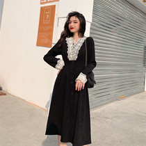 2020 new fall French style retro V collar splicing lace to lace up slim long sleeves lace mid-length dress with dress