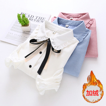 Shirt woman long sleeve plus suede thickened 2022 autumn winter new doll collar butterfly knot light core suede white bottom blouse