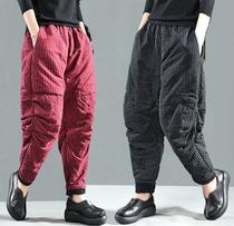 Literary retro vertical stripe thickened Haren pants womens loose Joker wrinkled pants autumn and winter wear high waisted radish