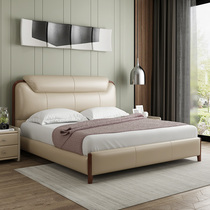 Leather bedside layer cowhide solid wood double bed Modern simple wedding bed Master bedroom European-style tatami leather bed furniture