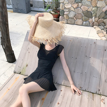 Korean swimsuit female perspective net gauze backless steel with chest pad small chest gathered thin conservative skirt one-piece swimsuit