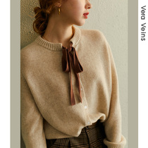 Veramus neckline lace wool sweater 2021 autumn new design sense bow knit cardigan women