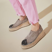 Single shoes women 2021 autumn new Joker leather thick bottom rhinestone Lefu a pedal lazy shoes hemp woven fisherman shoes tide