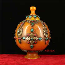 Tibetan monastery handmade old beeswax inlaid with precious stones Filigree multi-treasure relic jar Buddha jar antique antique collection ornaments