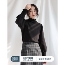 Fine tendrils of mist French temperament Playful small lace pleated loose long-sleeved turtleneck base shirt women