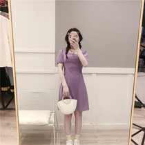 2021 Summer French style square collar foam cover with slim height waist one-piece dress Snow spinning Jane approx. waist a short skirt