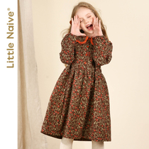 LittleNaive girls floral dress winter New plus velvet vintage middle child long sleeve floral skirt