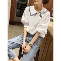 Doll Collar White Chiffon Shirt Women Lantern Short Sleeve Loose Shirt Thin European Spring Summer 2022 New