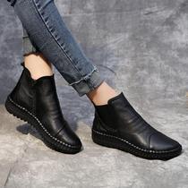 Spring and Autumn Womens Shoes Leather Handmade Short Boots Soft Bottom Mothers Shoes Travel Boots Joker Pregnant Women Flat Single Shoes Martin Boots