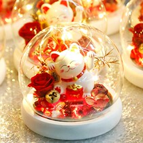 Creative lucky cat forever flower glass cover with lamp Christmas rose teachers day send teacher exquisite gift box
